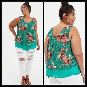 5X 28W Torrid Green Floral Chiffon Tank Double Layer V Neck Woven Georgette